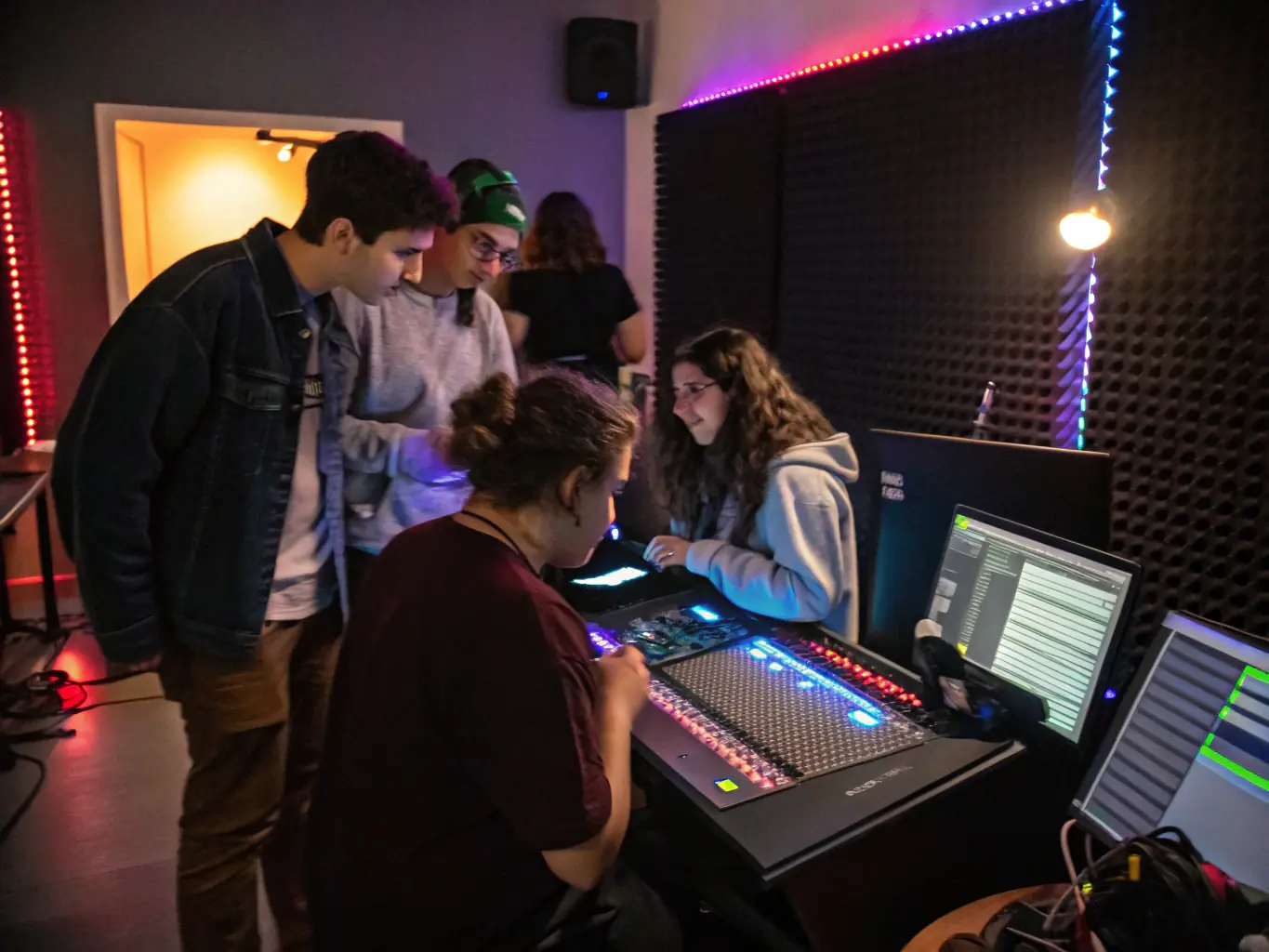 A vibrant image of participants engaged in a hands-on electronic music production workshop, showcasing various synthesizers and mixing equipment.