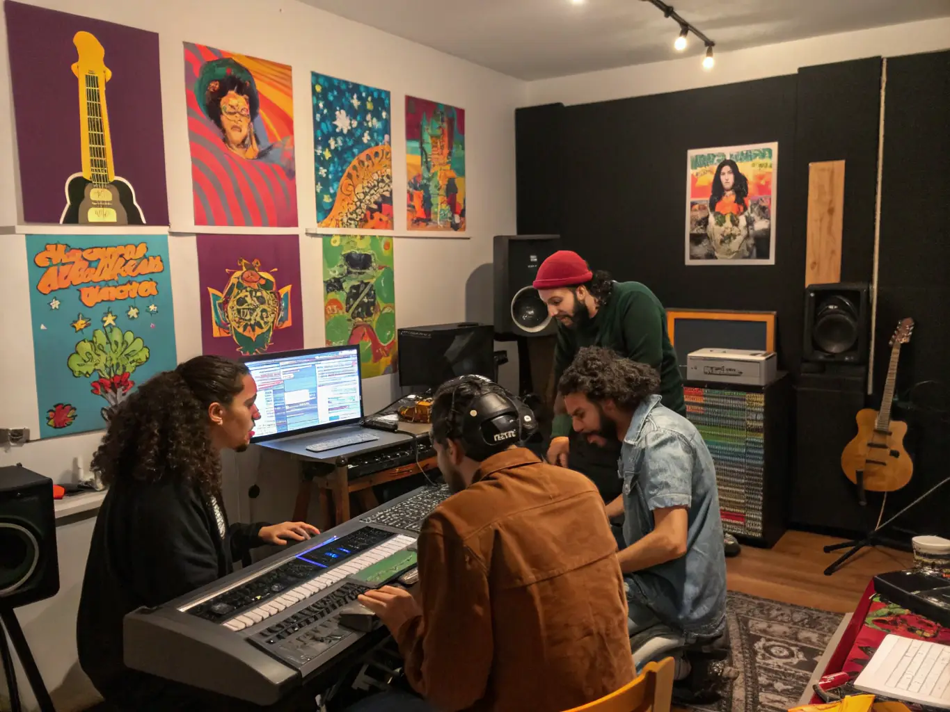 A collaborative project in action, featuring a group of artists working together in a studio setting, exchanging ideas and creating music.