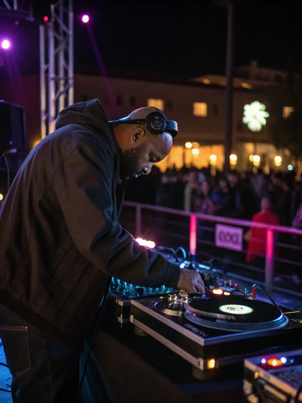 A close-up shot of a DJ's hands skillfully manipulating the mixer during a live performance at a HAUS GANG event.