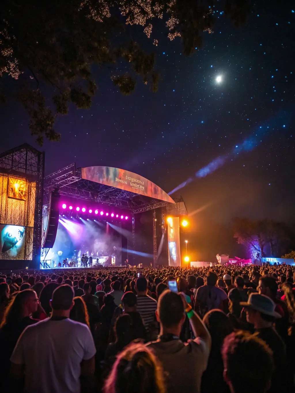 A visually striking image of an outdoor electronic music festival stage at sunset, with attendees dancing and enjoying the music.